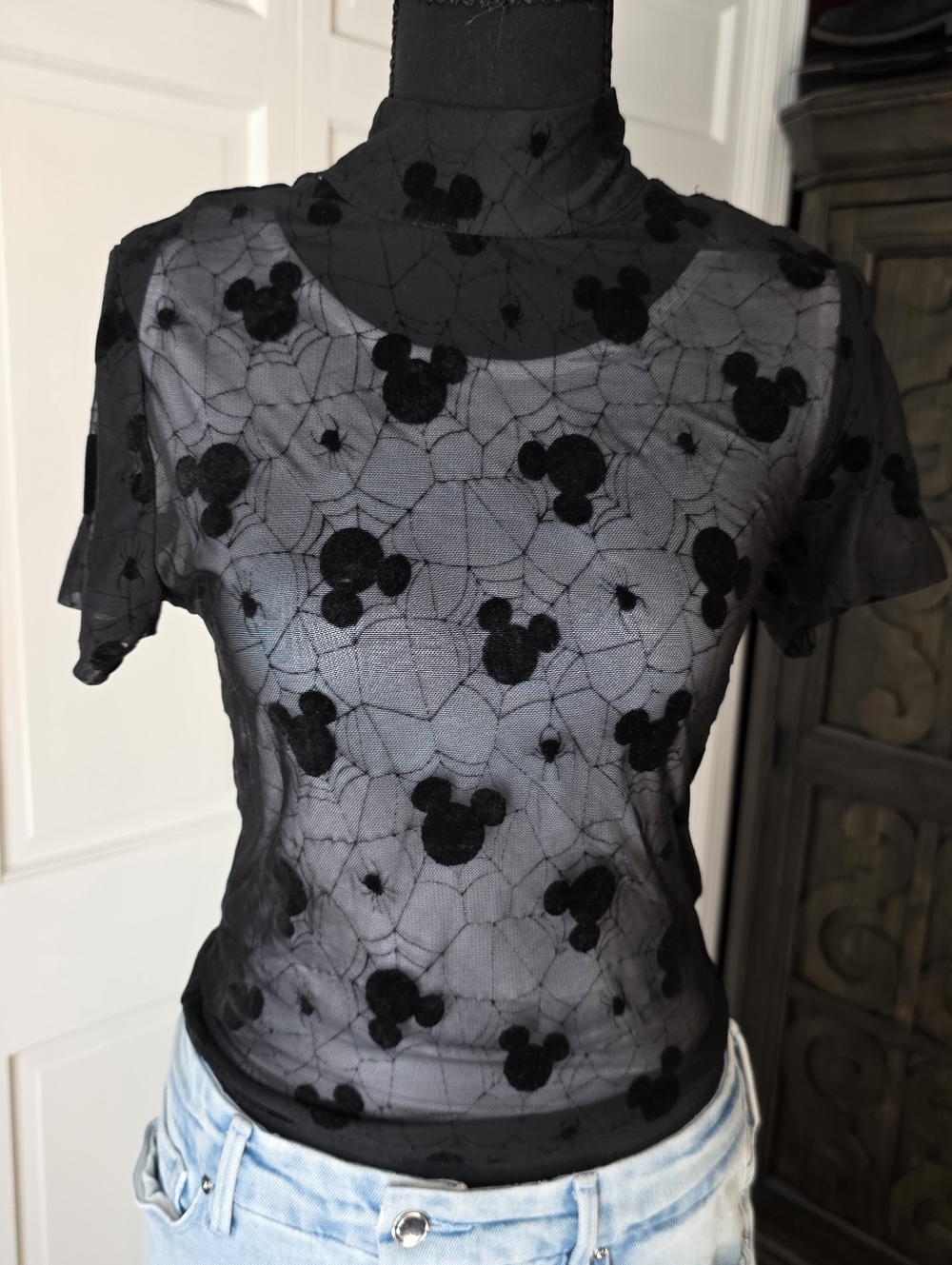 Disney Mickey Mouse Sheer Mesh Top Spiderweb Velvet Halloween M Goth Y2K